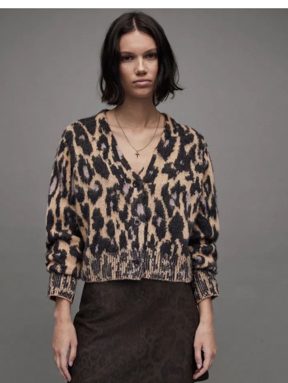 All Saints Leopard-Print V-Neck Cardigan in Brown and Tan